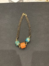 Vintage Gold Tone Chain Necklace Turquoise Orange Bead Statement Boho