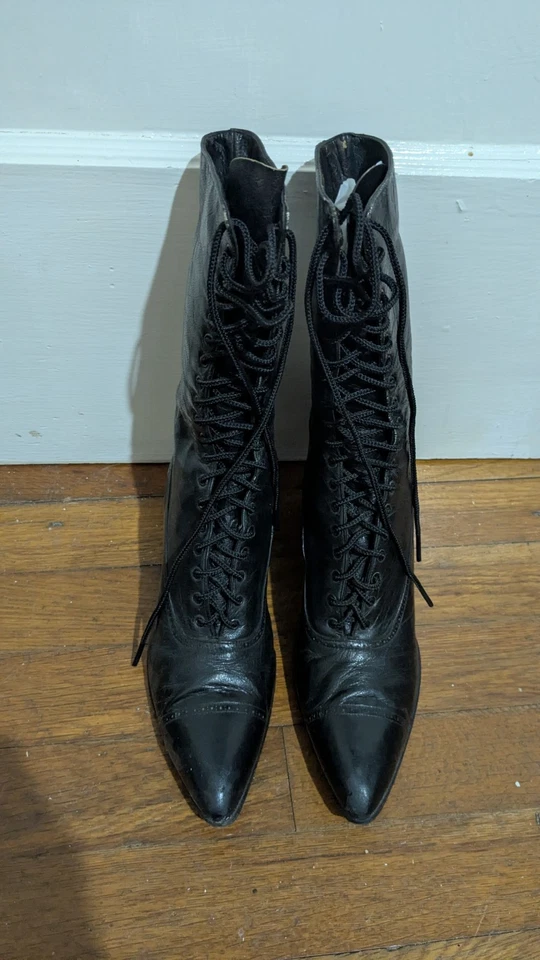 Botas para mujer victorianas eduardianas con cordones de cuero negro excelente talla 6,5, 7 Foto 4 de 4