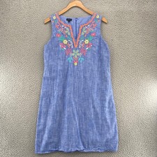 Talbots Dress Womens 6 Blue Linen Blend Shift Embroidered Floral Kurta V Neck