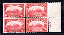 US 1913 PARCEL POST 75¢ BLOCK OF 4 WITH PLATE # SCOTT #Q11 THREE MNH