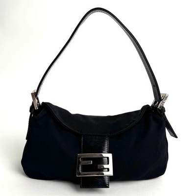 Auth Fendi Cotton Jersey Mamma Baguette FF Logo One Shoulder Bag Black e115