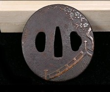 Giappone Antica Spada Giapponese Tsuba Periodo Edo Ferro Ciliegio Fiori Intarsio Lavoro JP