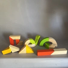 PlanToys Wooden Geometric Blocks – Half Natural/Half Colored Lot Of 9 Pieces