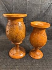 Hand Crafted Pair Of Solid Wood Pedestal Vases w/ Floral Design, Haiti (25)
