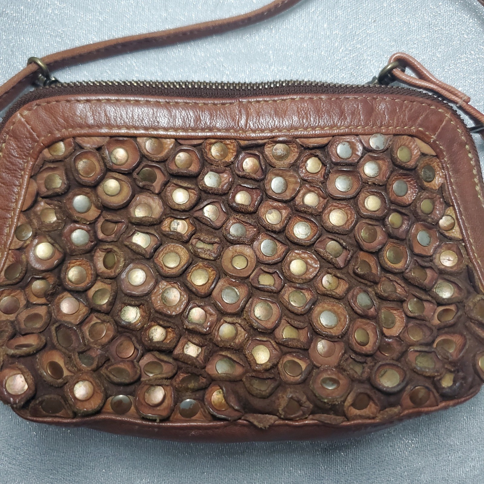 Latico Leathers Brown Studded Leather Crossbody Bag Small Zip Top Boho Purse