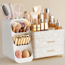Makeup Organizer with Brush Holder for Vanity, Large Plastic Bathroom Countertop