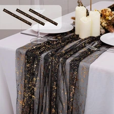 3PCS Black Table Runner 10Ft Sheer Chiffon Fabric Cheesecloth Sequin Glitter ...