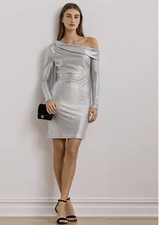 NWT Lauren Ralph Lauren Women's Metallic Of The Shoulder Cocktail Dress Size 4