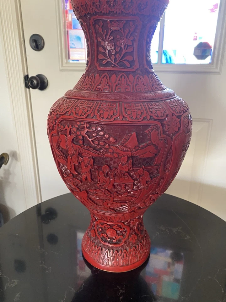 Red Cinnabar Story Vase Chinese Hand Carved Body with Brass Mouth - Image 4 of 4