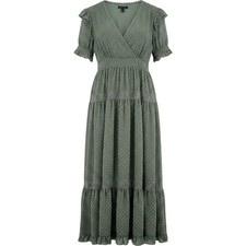 Asos Design Olive Green Fairy Vintage Swiss Dot Ruffle Sleeve Maxi Dress Women 8