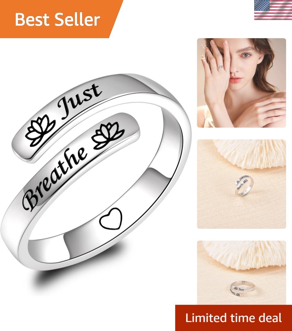 Inspirational Adjustable Ring in Silver - Just Breathe Design for Gift Giving