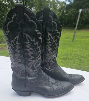 Vintage Sanders 70450 Cowgirl Boots Wmns 8.5B Black Leather Red Stitch Western