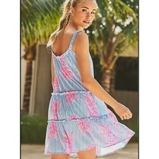 Lilly Pulitzer Loro Dress Rum Swizzle Tiered Ruffle Tank Dress Large Blue Pink