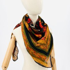 Vintage 70s Black Yellow Floral Handrolled Cotton Scarf