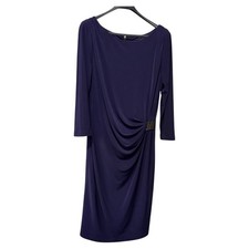 Tahari Arthur S. Levine Navy Blue Ruched Sheath Dress with Gold Buckle Size 10