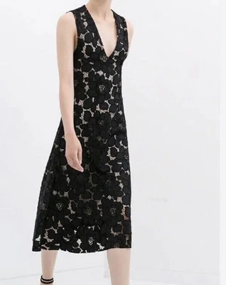 Zara Woman Blue Black Lace Long Midi Dress V-Neck Fit Flare Occasion Party M - Image 1 of 4