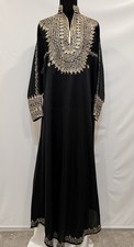 Vintage 70  s Womens Kaftan Black Maxi Dress Embroidered Trim Boho Festival