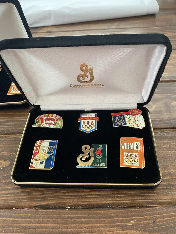 1996 General Mills USA Olympic Sponsor Enamel Collector Lapel Pins Velvet Case 2 - Image 3 of 4