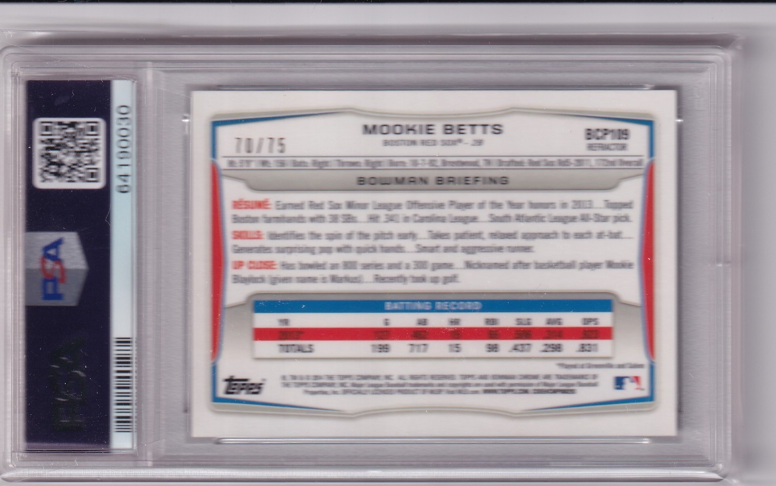 Mookie Betts 2014 Bowman Chrome Prospects GREEN REFRACTOR #70/75 - PSA 8 view 2
