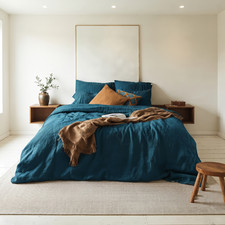Pure Belgian Flax Linen Luxury Full/Queen Quilt Cover Set 3Pc Teal blue