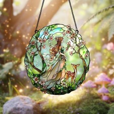 Enchanted Forest Fairy and Fawns Faux Stained Glass Suncatcher   Acrylic Hanging