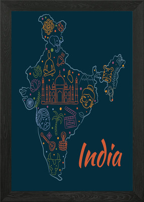 Indien Karte mit kulturellen Ikonen gerahmtes Wandbild Poster Leinwanddruck Bild