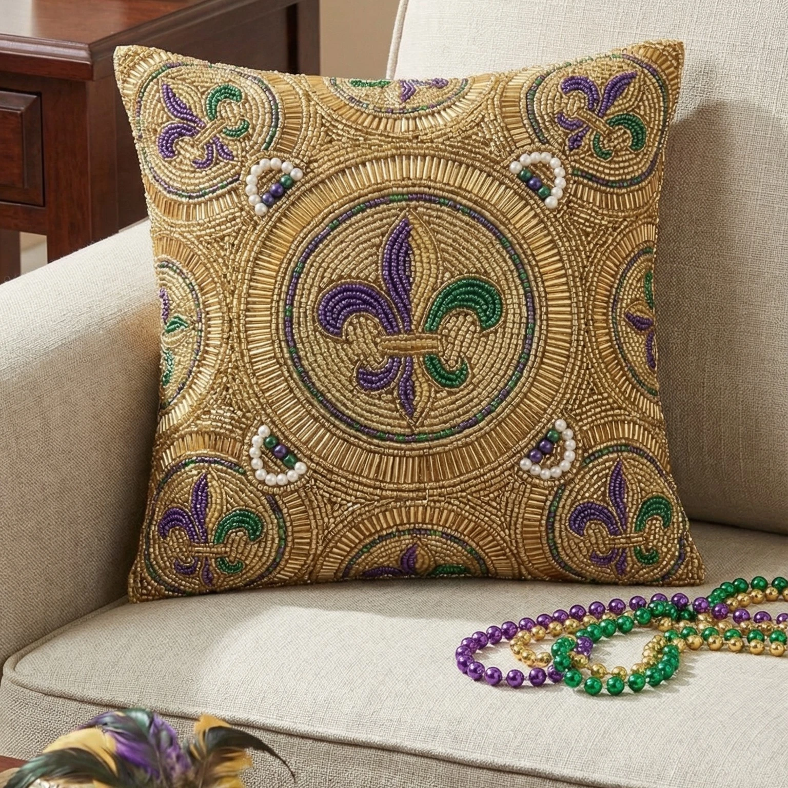 Mardi Gras Fleur-de-Lis Beaded Throw Pillow Cover - Gold Purple Green Decorative
Opens in a new wind