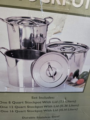 HOME Essentials Stockpot Set 6 Pc Stainless Steel NiB 8 Qt 12 Qt 16 Qt