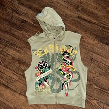Ed Hardy Men's Full Zip Hooded Vest Sleeveless Raw Edging Serpent Snake Size L