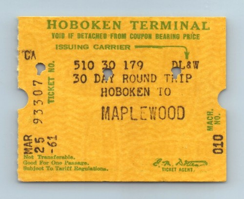 DL&W Mar 25 1961 Hoboken Terminal to Maplewood NJ 30 Day Round Trip Ticket