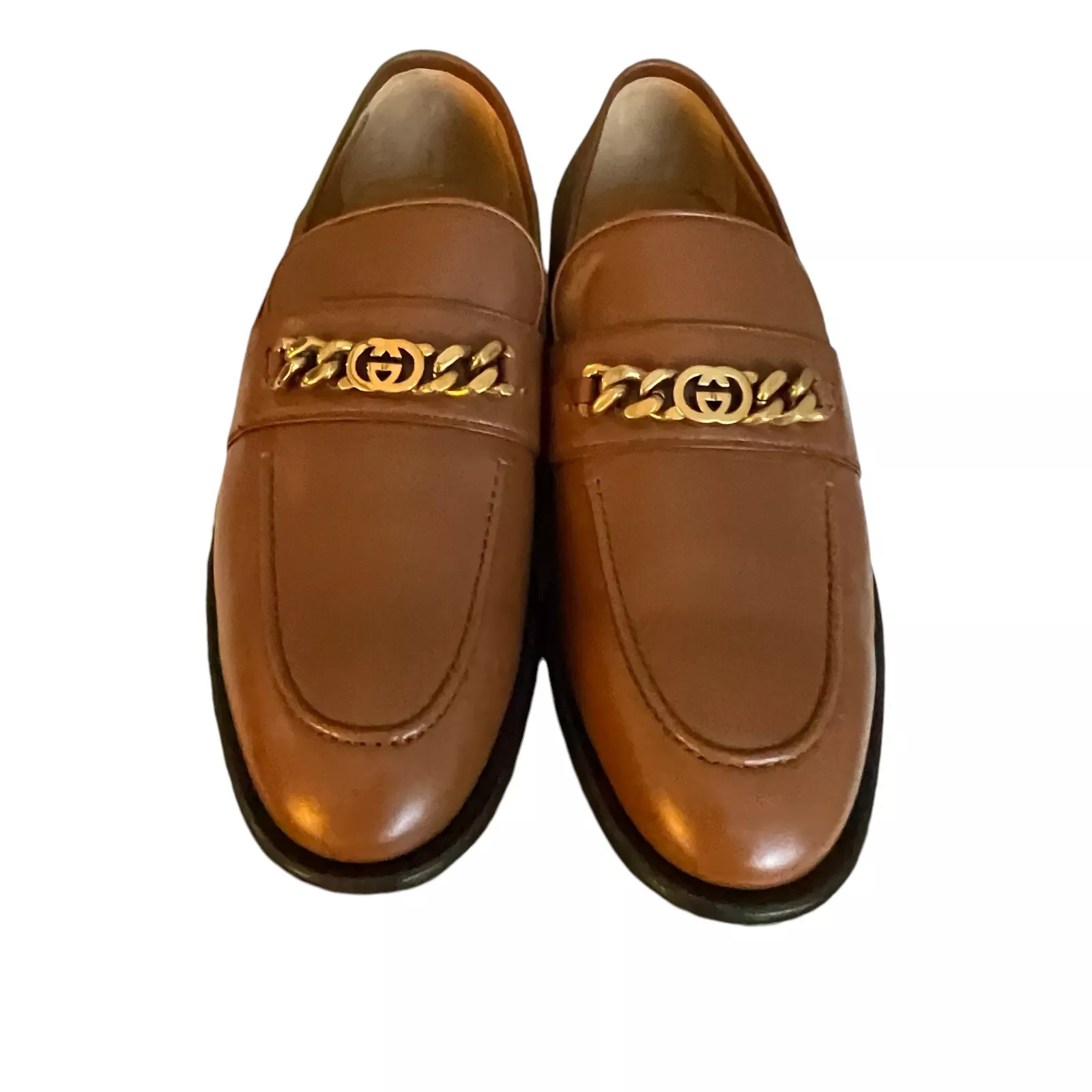 Gucci 746684 GG Chaussures Mocassins à Chaîne en Cuir Marron, Plusieurs Tailles
