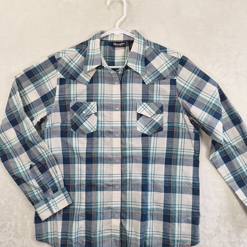 Wrangler Retro Women's Western Shirt Size L Pearl Snap Button Blue Green Plaid - Picture 2 of 12