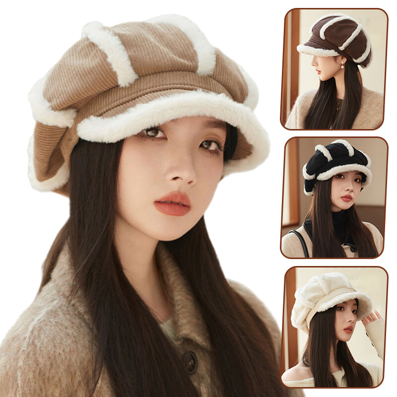 Winter Warm Thick Plush Corduroy Octagonal Hat Beret Painter  display picture 3