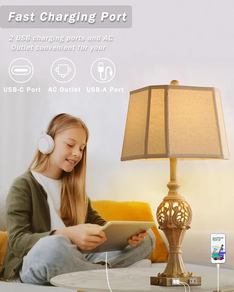 SAIWEYA 27.5" Lámpara de Mesita de Noche Rústica con 2 Tomas USB y CA (Juego de 2) Foto 4 de 4