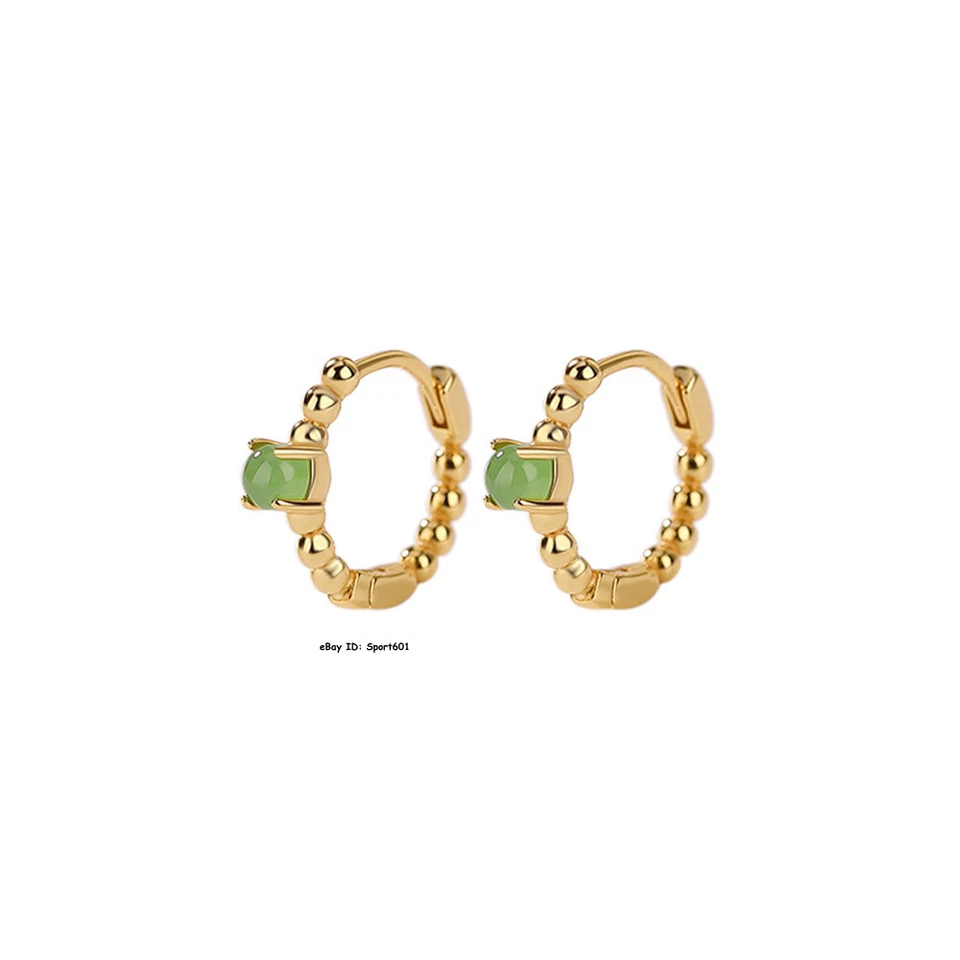 Nuevos pendientes de aro de cuentas de la suerte de plata esterlina real de jadeíta verde / cubierta de oro de 18 quilates Foto 4 de 4