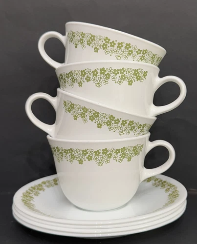 4 Corelle Crazy Daisy Spring Blossom Tea Cups & Saucers Set Corning Green Floral