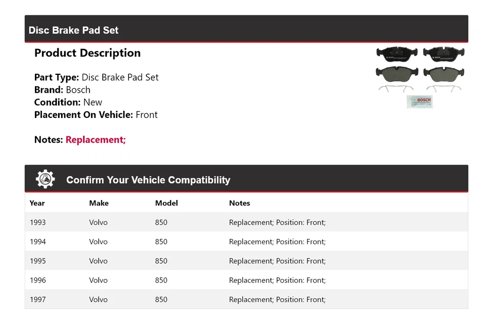 Pastillas de freno delanteras semimetálicas QuietCast Bosch 1993-1997 Volvo 850 1994 1995 Foto 2 de 3