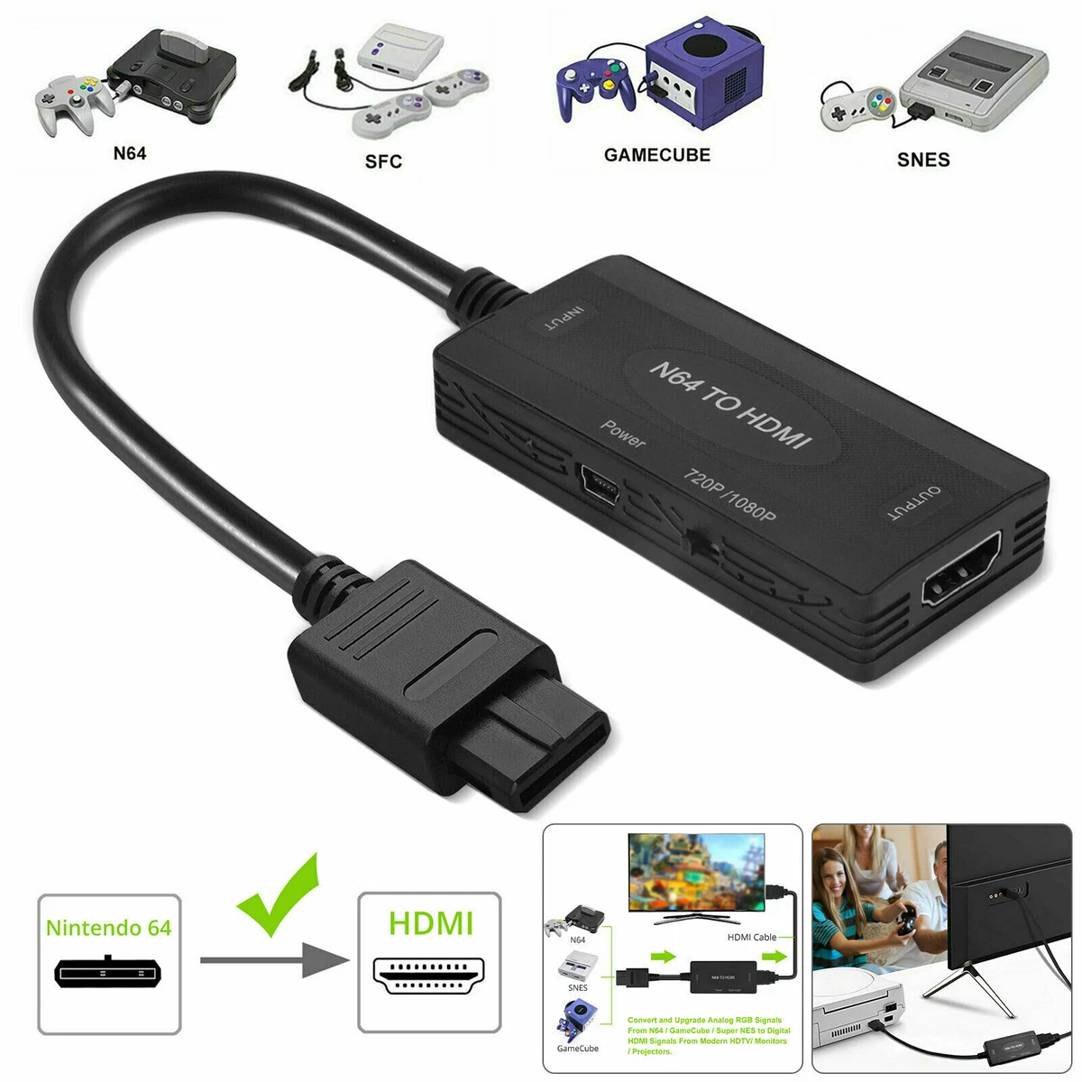 cirkulære damp smog For Nintendo Gamecube Super NES SNES NGC N64 To HDMI Converter Adapter HD  Cable | eBay