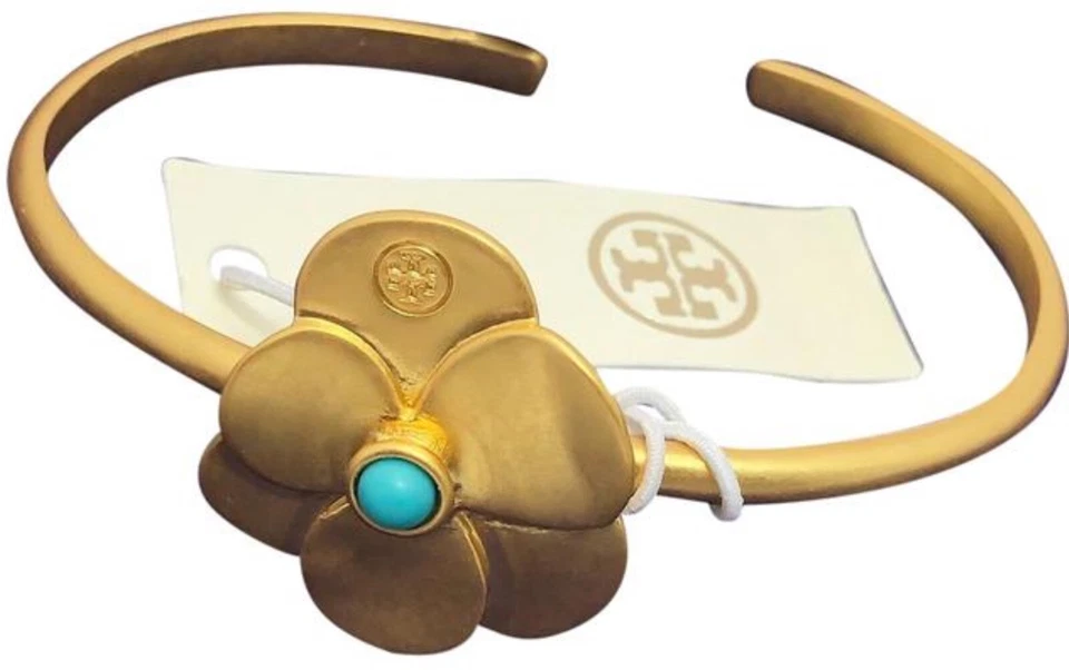 Auténtico NUEVO Brazalete Tory Burch Dorado Floral y Turquesa con Bolsa para el Polvo Rtl $148 Foto 4 de 4