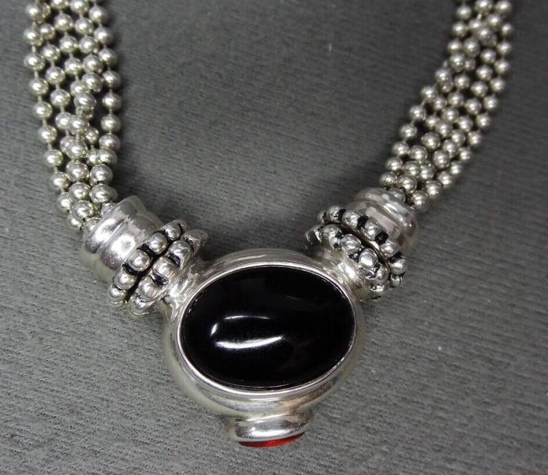 ESPO SIG 925 Sterling Multi Strand Beaded Onyx & Amber Necklace