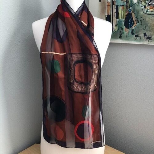 VTG Elaine Gold Silk Scarf - Brown Red Purple Geo MCM 52 x 11 Gypsy Head Wrap