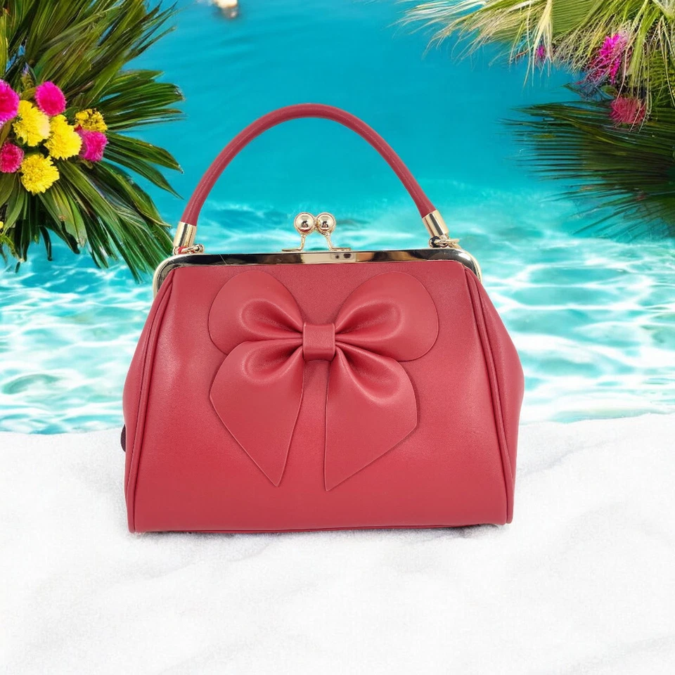 Bolso de Mano Estilo Vintage Big Bow Kisslock - Dancing Days 50s Retro Cartera Rojo/Negro Foto 2 de 2