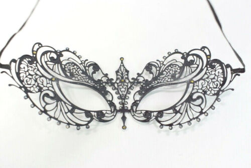 Maschera Nera Occhio di Pergamena Impreziosita Strass Burlesque Festa Halloween Stagionale - Foto 2 di 7