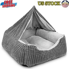 25"Anti-Anxiety Orthopedic Dog Beds Rectangle Cave Hooded Blanket Puppy Bed Grey