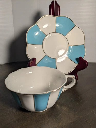 Cynthia Rowley-White/Turquoise/Gold Striped Teacup, Coffee Cup, Saucer Set, Read