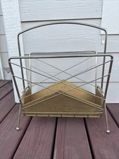 Vtg MCM Atomic Era Brass Metal Magazine Rack W/Wood Inserts Stand Holder