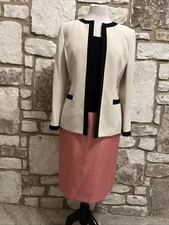 3Pc Kasper Petite Sz 6P Skirt Suit Pink Black Beige *EUC