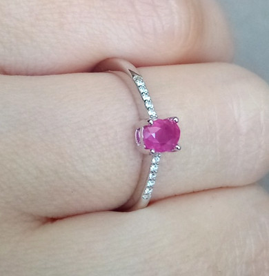 Small Natural Pinkish Red Ruby Ring size 7 white topaz accents Sterling Silver