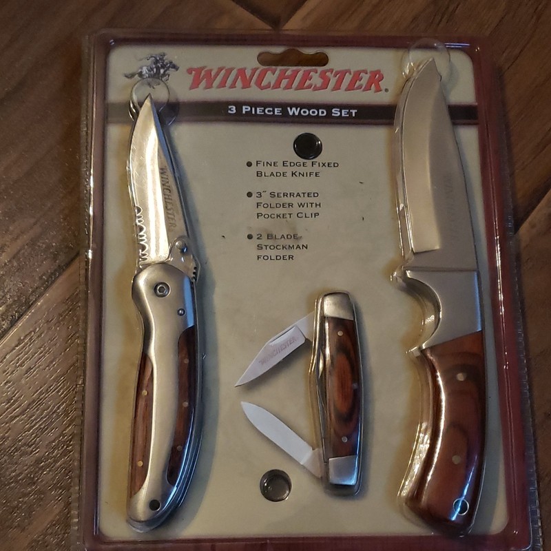 Winchester 3 Piece Wood Set Stainless Steel Hunting, Pocket, Stockman Knives