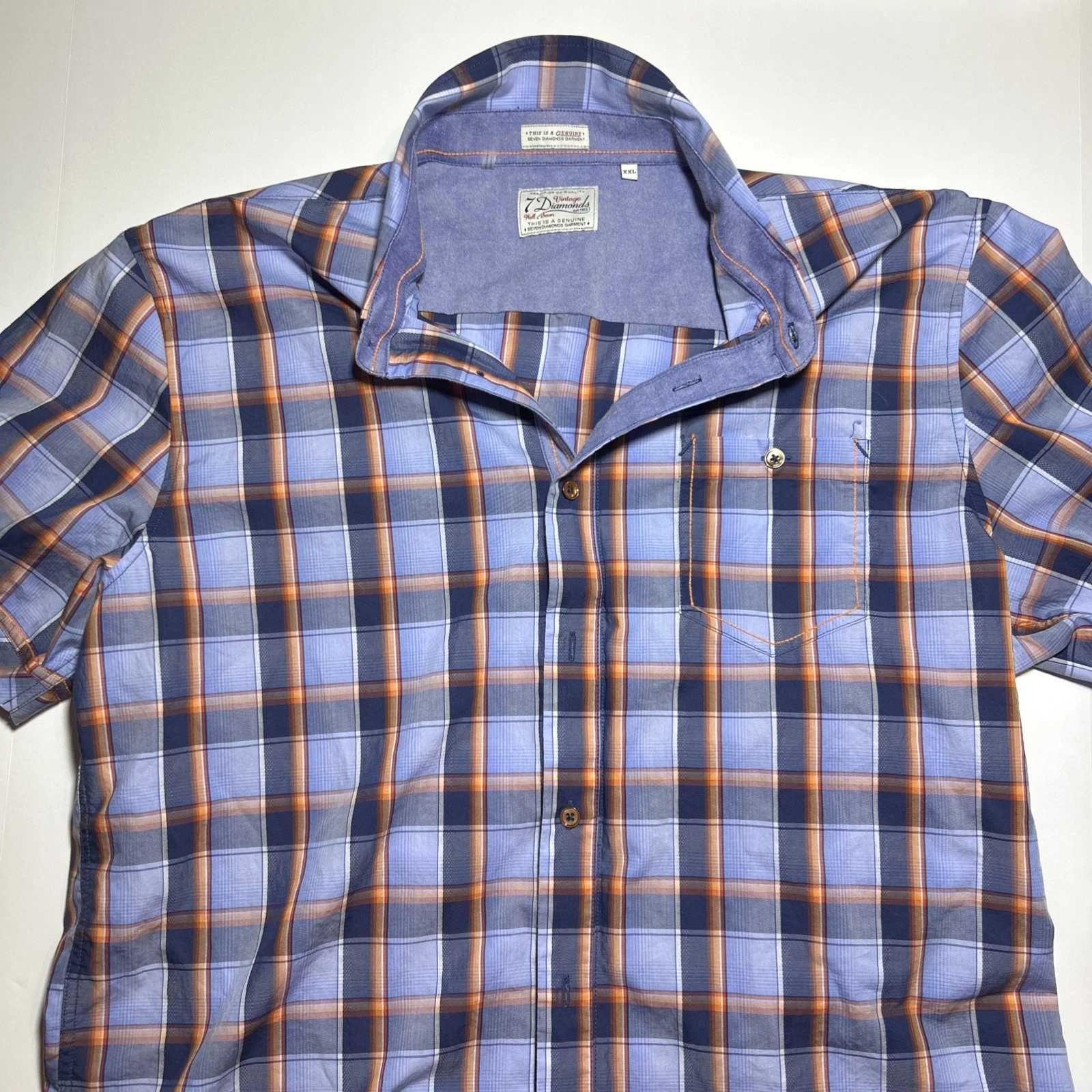 7 Diamonds Stretch Short Sleeve Button Blue Orange Plaid Pattern Men’s XXL NWT
